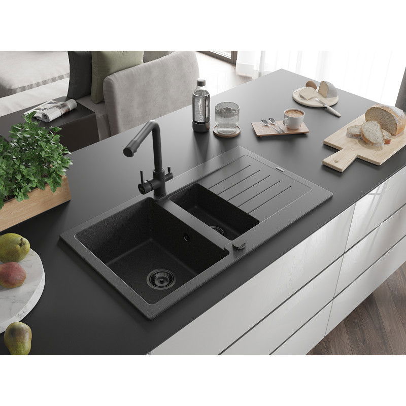 Mexen Matias granite sink 1.5-bowl with drainer and Duero kitchen tap, speckled black - 6502-76-671600-70-B