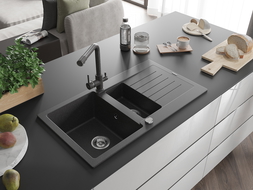 Mexen Matias granite sink 1.5-bowl with drainer and Duero kitchen tap, black speckled - 6502-76-671600-76