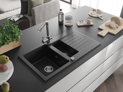 Mexen Matias granite sink 1.5-bowl with drainer and Duero kitchen tap, black - 6502-77-671600-00