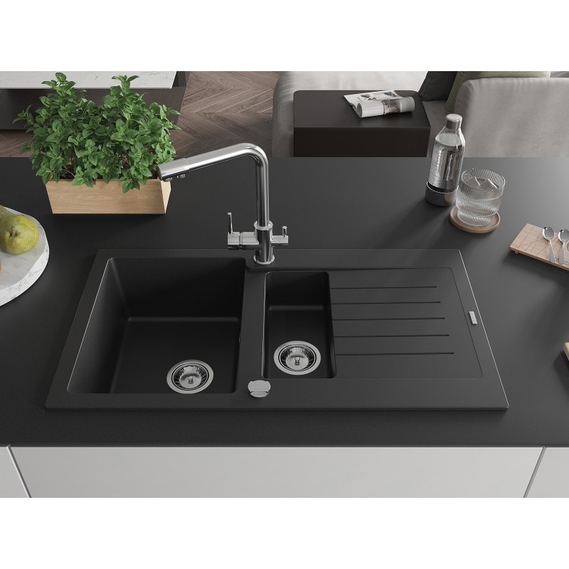 Mexen Matias granite sink 1.5-bowl with drainer and kitchen faucet Duero, black - 6502-77-671600-00