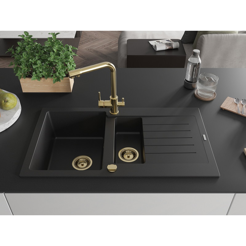 Mexen Matias granite sink 1.5-bowl with drainer and Duero kitchen faucet, black - 6502-77-671600-50