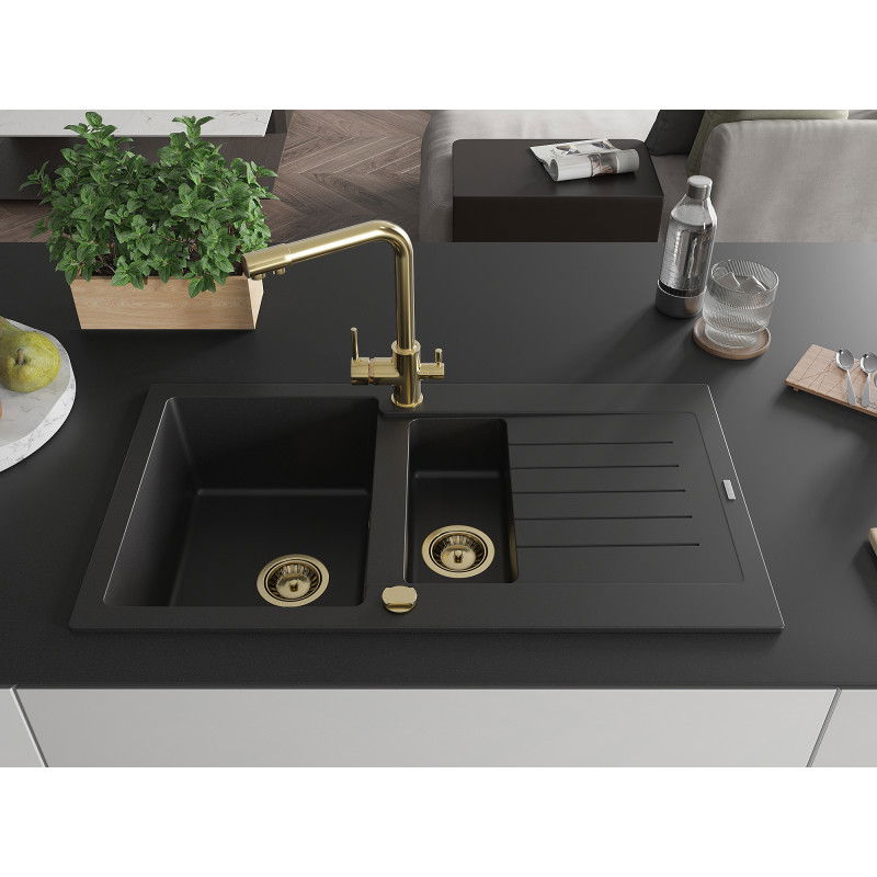 Mexen Matias granite sink 1.5-bowl with drainer and Duero kitchen tap, black - 6502-77-671600-50