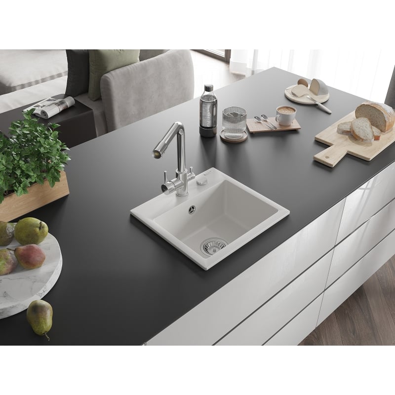 Mexen Milo 1-bowl granite sink with Duero kitchen faucet, white - 6505-20-671600-00