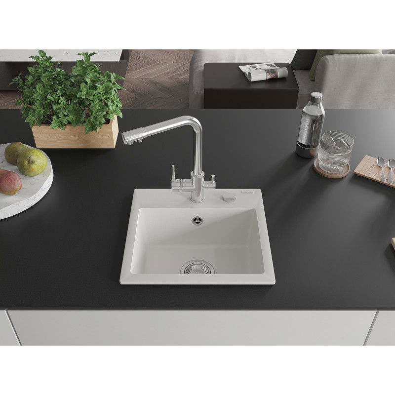 Mexen Milo 1-bowl granite sink with Duero kitchen tap, white - 6505-20-671600-00