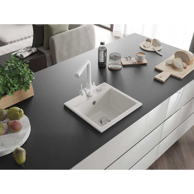 Mexen Milo 1-bowl granite sink with Duero kitchen tap, white - 6505-20-671600-20