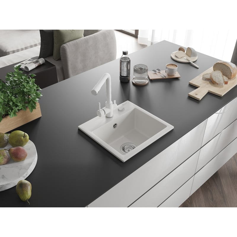 Mexen Milo granite kitchen sink 1-bowl with Duero kitchen faucet, white - 6505-20-671600-20