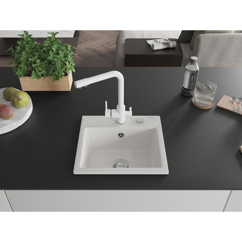 Mexen Milo 1-bowl granite sink with Duero kitchen tap, white - 6505-20-671600-20