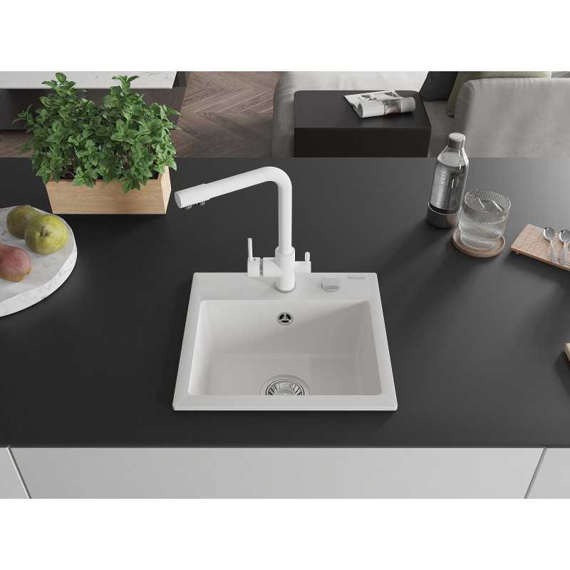 Mexen Milo granite kitchen sink 1-bowl with Duero kitchen faucet, white - 6505-20-671600-20