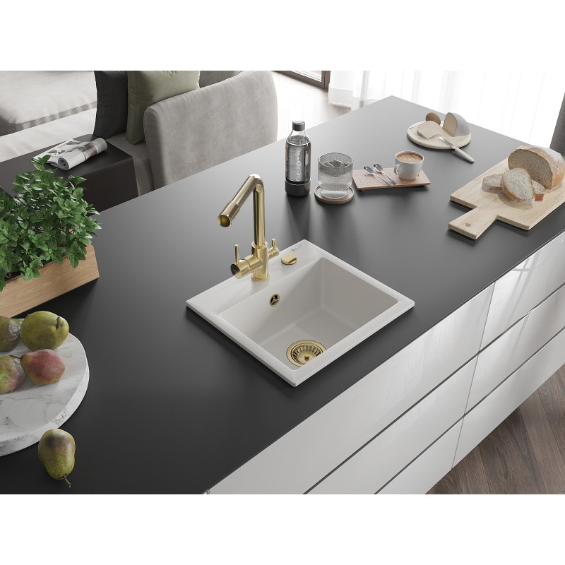 Mexen Milo 1-bowl granite sink with Duero kitchen faucet, white - 6505-20-671600-50