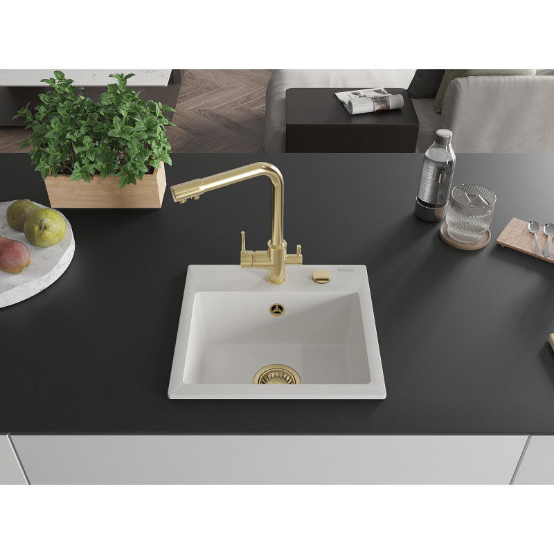 Mexen Milo 1-bowl granite sink with Duero kitchen tap, white - 6505-20-671600-50