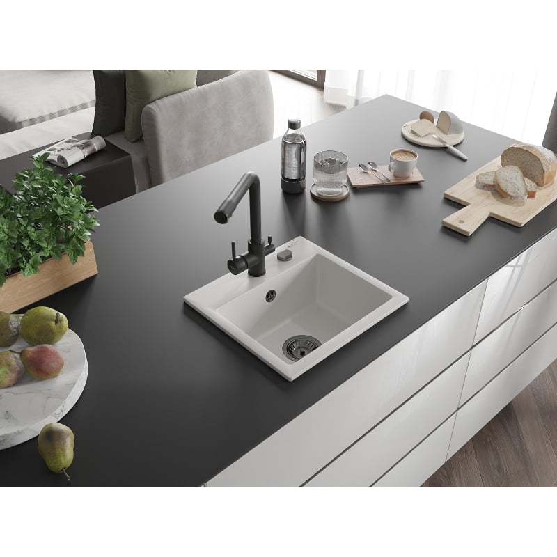 Mexen Milo granite kitchen sink 1-bowl with Duero kitchen faucet, white - 6505-20-671600-70