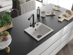 Mexen Milo 1-compartment granite sink with a kitchen mixer tap Duero, White - 6505-20-671600-70