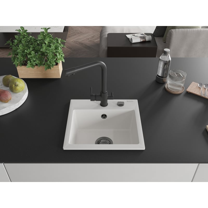 Mexen Milo granite kitchen sink 1-bowl with Duero kitchen faucet, white - 6505-20-671600-70