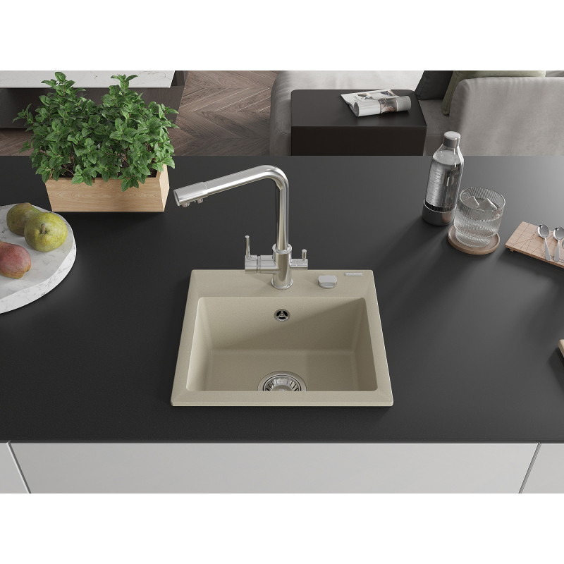 Mexen Milo 1-bowl granite sink with Duero kitchen faucet, beige - 6505-69-671600-00