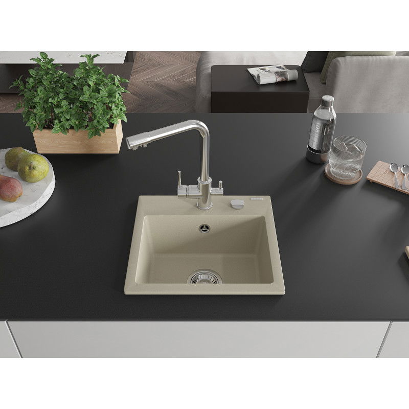 Mexen Milo 1-bowl granite sink with Duero kitchen tap, beige - 6505-69-671600-00