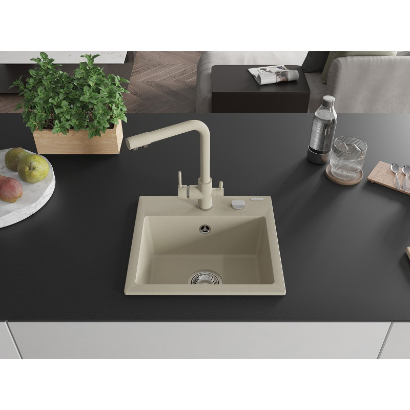 Mexen Milo 1-Bowl Granite Sink with Duero Kitchen Faucet, Beige - 6505-69-671600-69