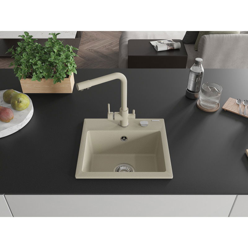 Mexen Milo 1-bowl granite sink with Duero kitchen tap, beige - 6505-69-671600-69