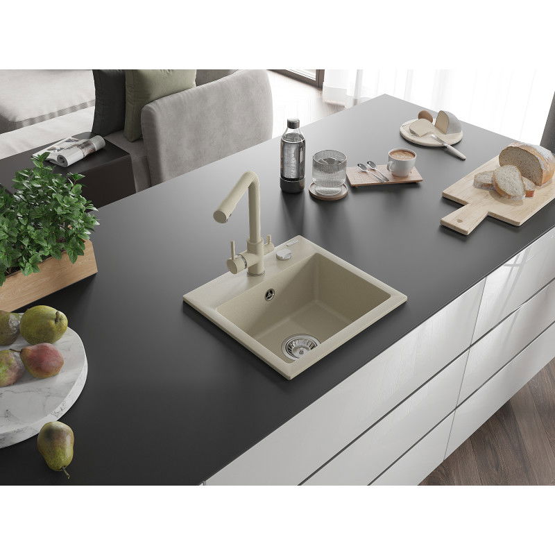 Mexen Milo 1-bowl granite sink with Duero kitchen tap, beige - 6505-69-671600-69
