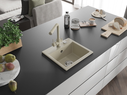 Mexen Milo 1-bowl granite sink with Duero kitchen tap, beige - 6505-69-671600-69