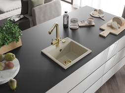 Mexen Milo granite sink 1-bowl with Duero kitchen tap, beige - 6505-69-671600-50