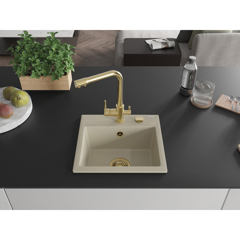 Mexen Milo 1-bowl granite sink with kitchen faucet Duero, beige - 6505-69-671600-50