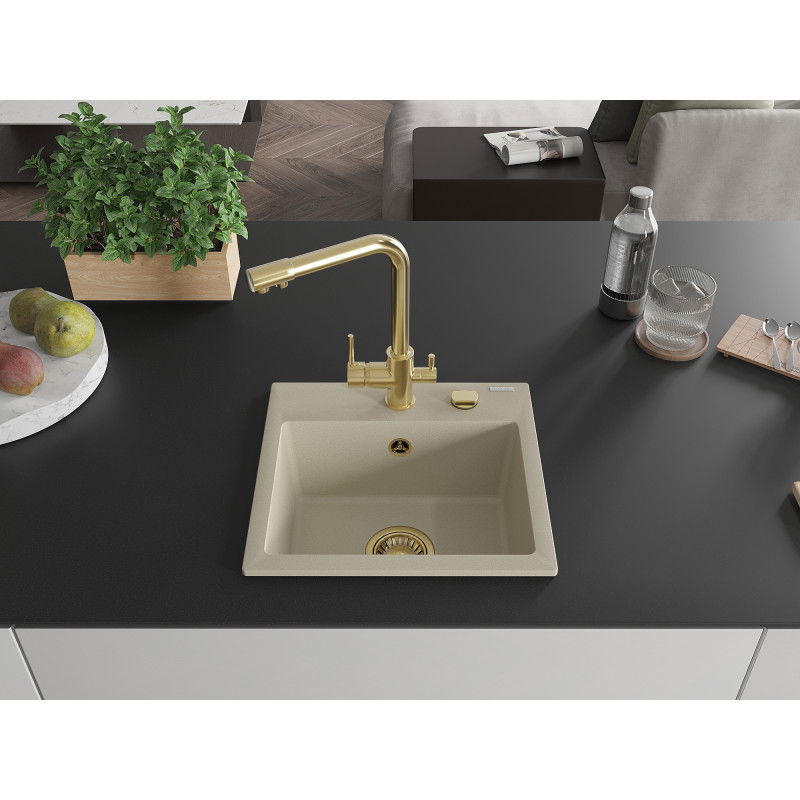 Mexen Milo granite sink 1-bowl with Duero kitchen tap, beige - 6505-69-671600-50