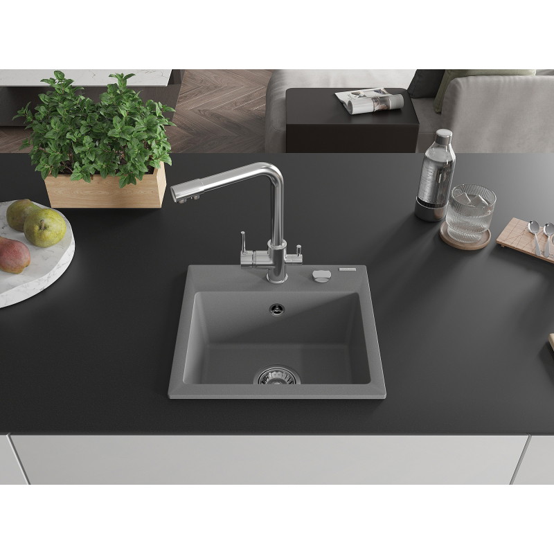 Mexen Milo 1-bowl granite sink with Duero kitchen faucet, gray - 6505-71-671600-00