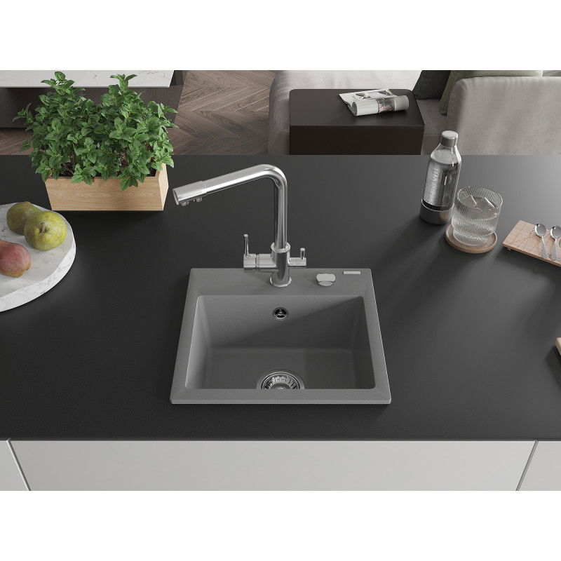 Mexen Milo single-bowl granite sink with Duero kitchen tap, grey - 6505-71-671600-00