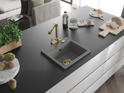 Mexen Milo granite kitchen sink 1-bowl with Duero kitchen faucet, gray - 6505-71-671600-50