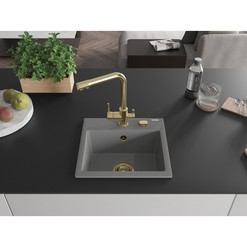 Mexen Milo granite kitchen sink 1-bowl with Duero kitchen faucet, gray - 6505-71-671600-50