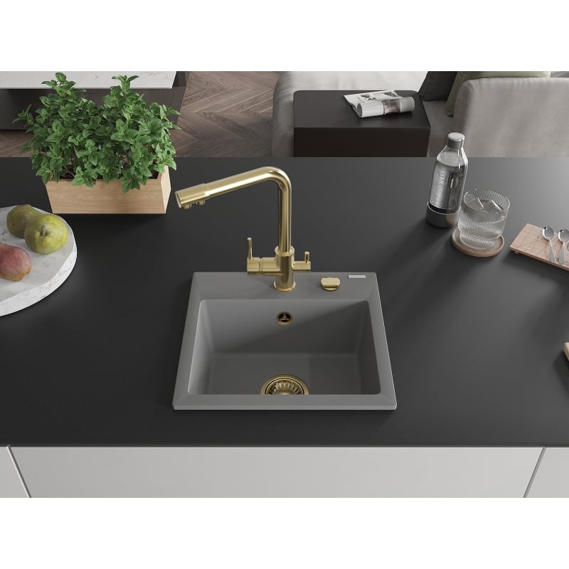 Mexen Milo single-bowl granite sink with Duero kitchen faucet, gray - 6505-71-671600-50