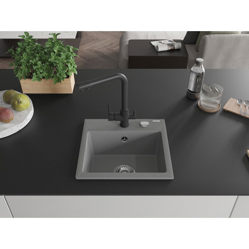 Mexen Milo Single-Bowl Granite Sink with Duero Kitchen Tap, Grey - 6505-71-671600-70