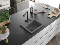 Mexen Milo Granite Kitchen Sink 1-Bowl with Duero Mixer Tap, Grey - 6505-71-671600-70-B