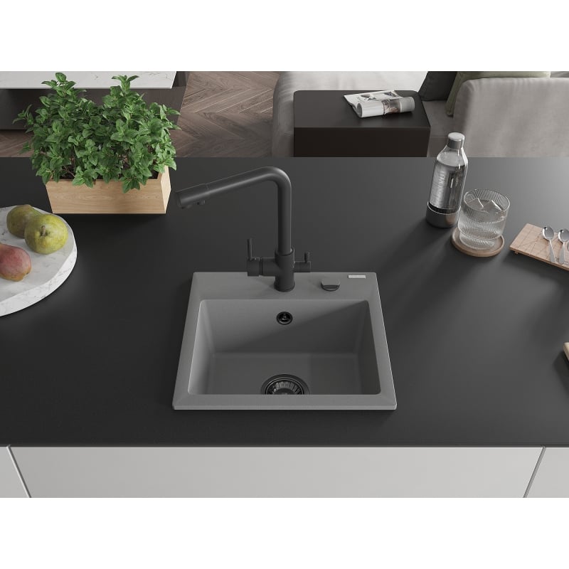 Mexen Milo 1-bowl granite sink with Duero kitchen faucet, gray - 6505-71-671600-70-B