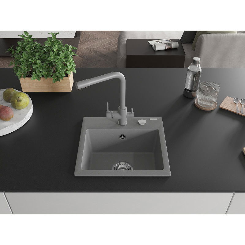 Mexen Milo 1-bowl granite sink with Duero kitchen tap, grey - 6505-71-671600-71