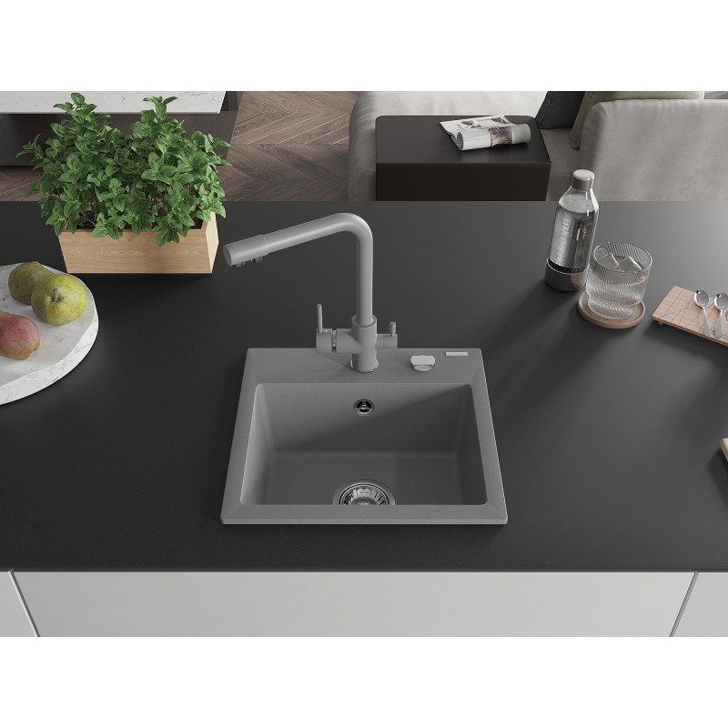 Mexen Milo granite single-bowl sink with Duero kitchen faucet, gray - 6505-71-671600-71