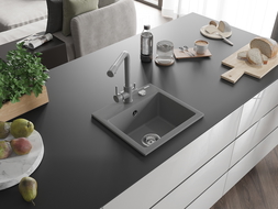 Mexen Milo 1-compartment granite sink with a kitchen mixer tap Duero, Grey - 6505-71-671600-71