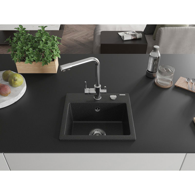Mexen Milo 1-bowl granite sink with Duero kitchen tap, black/silver metallic - 6505-73-671600-00