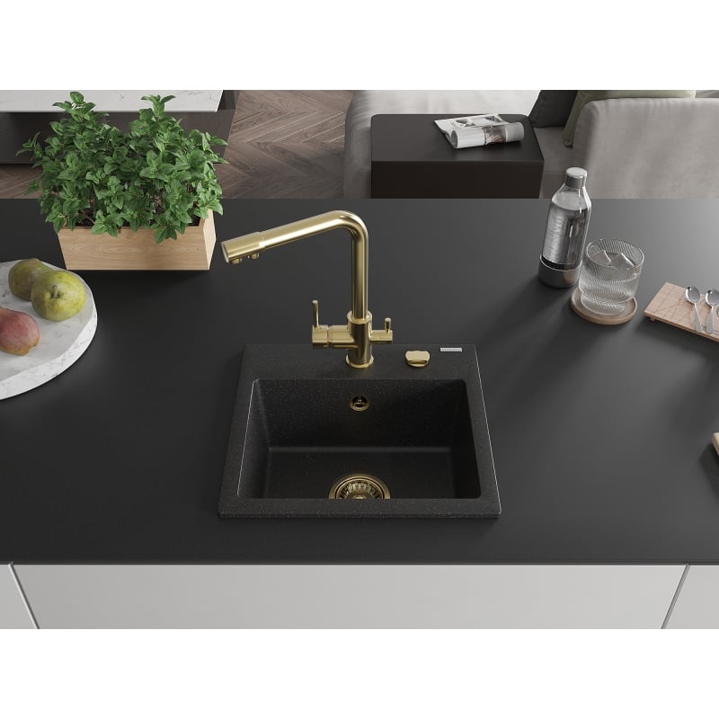 Mexen Milo 1-bowl granite sink with Duero kitchen faucet, black/silver metallic - 6505-73-671600-50