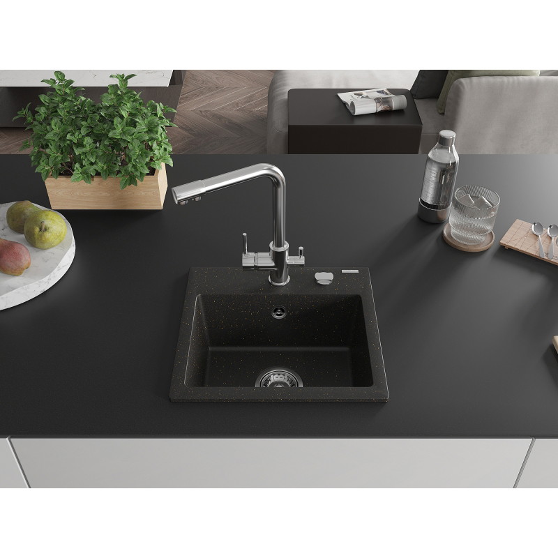 Mexen Milo 1-bowl granite sink with Duero kitchen faucet, black/gold metallic - 6505-75-671600-00