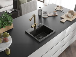 Mexen Milo 1-bowl granite sink with Duero kitchen tap, black/gold metallic - 6505-75-671600-50-B