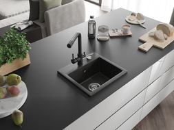 Mexen Milo granite sink 1-bowl with Duero kitchen tap, black/gold metallic - 6505-75-671600-70