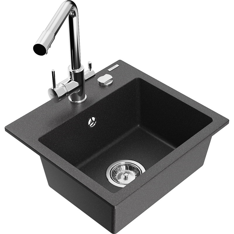 Mexen Milo 1-bowl granite kitchen sink with Duero faucet, speckled black - 6505-76-671600-00