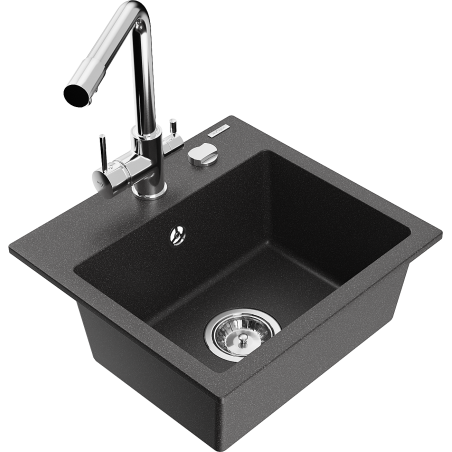 Mexen Milo 1-bowl granite sink with Duero kitchen mixer tap, black speckled - 6505-76-671600-00