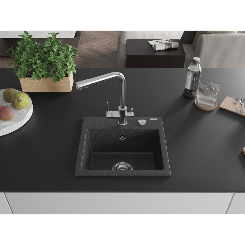 Mexen Milo granite kitchen sink 1-bowl with Duero kitchen faucet, black speckled - 6505-76-671600-00