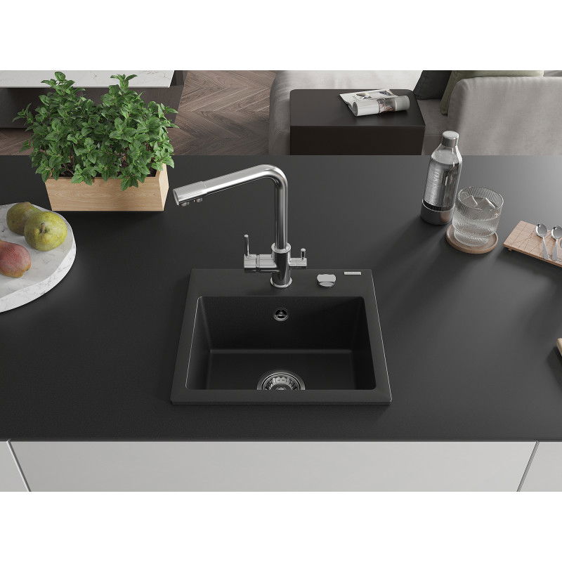 Mexen Milo 1-bowl granite sink with Duero kitchen tap, black - 6505-77-671600-00