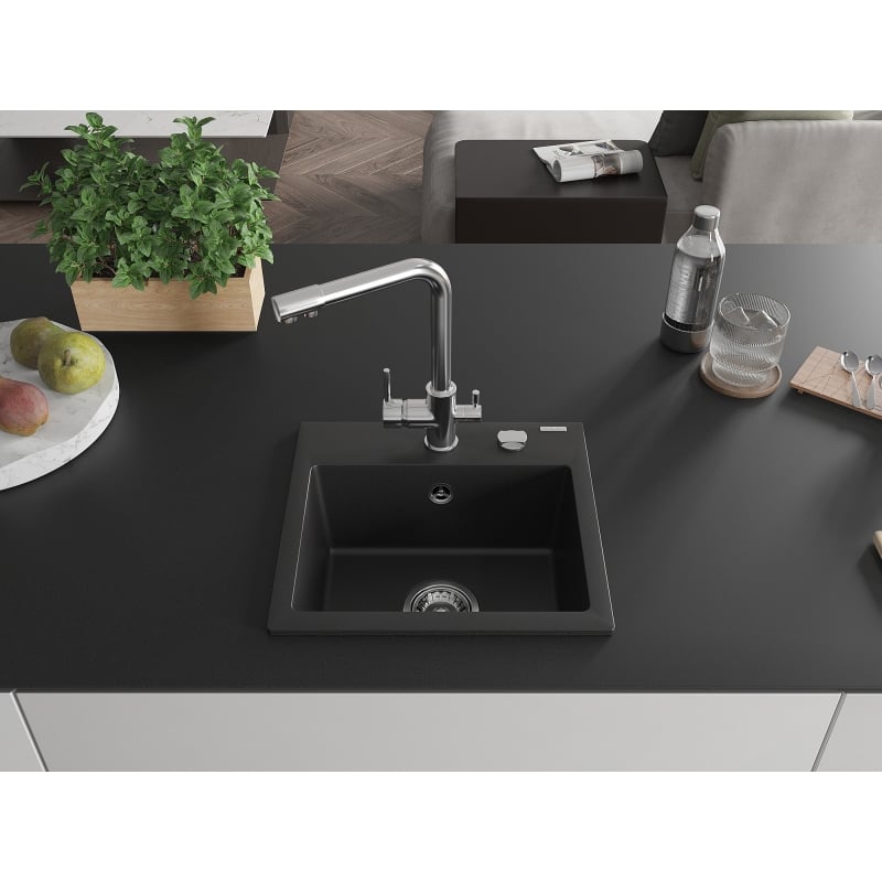 Mexen Milo granite kitchen sink 1-bowl with Duero kitchen faucet, black - 6505-77-671600-00