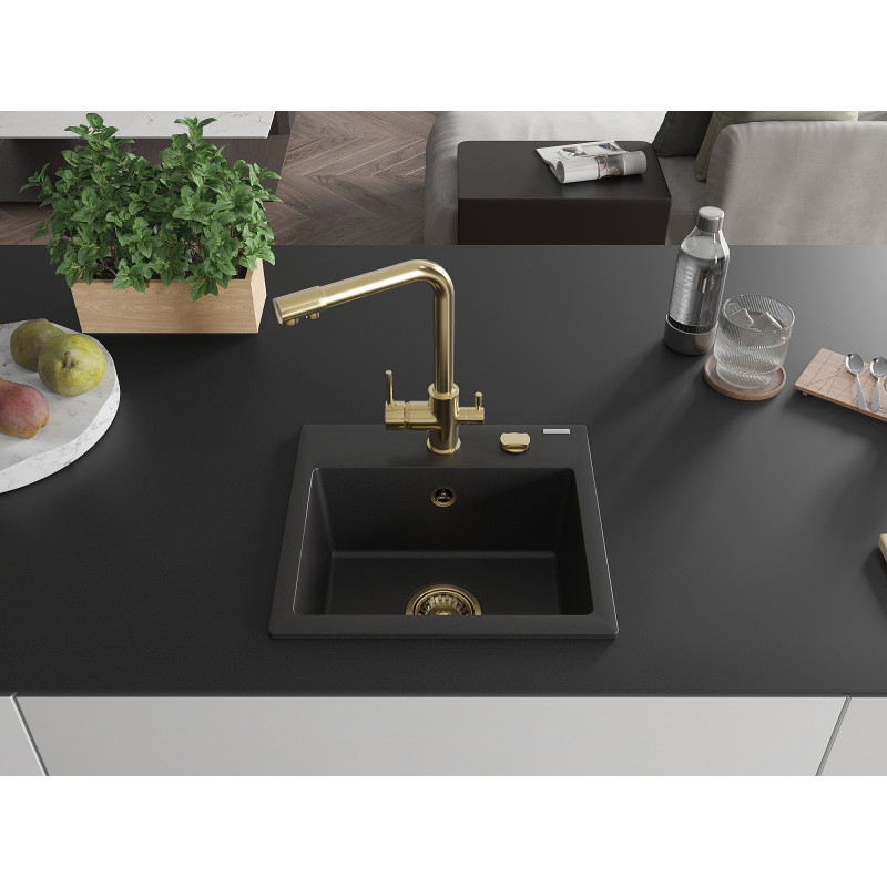 Mexen Milo 1-bowl granite sink with Duero kitchen faucet, black - 6505-77-671600-50