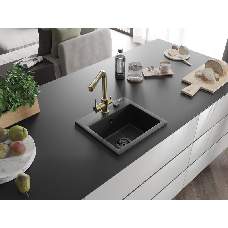 Mexen Milo 1-bowl granite sink with Duero kitchen faucet, black - 6505-77-671600-50-B