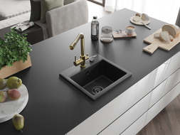 Mexen Milo granite sink 1-bowl with Duero kitchen faucet, black - 6505-77-671600-50-B
